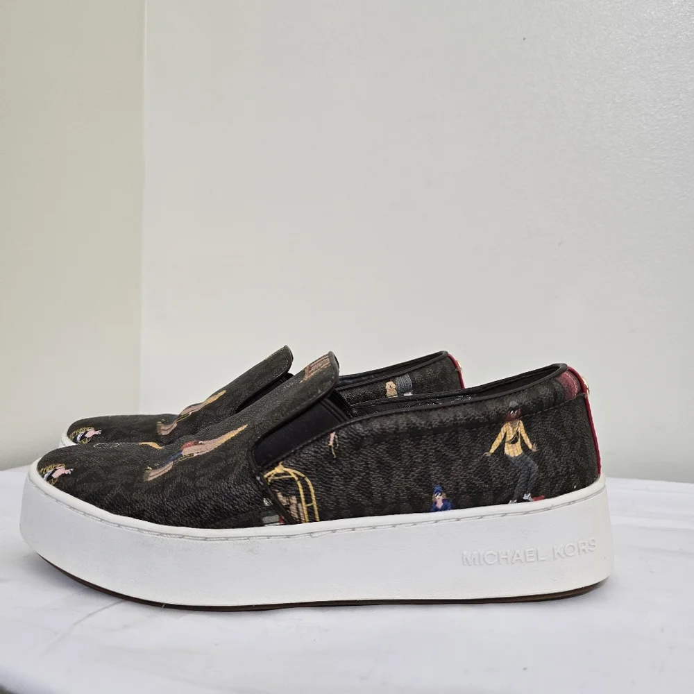 MICHAEL KORS size 7 Jet Set Trent Travel Print Logo Slip On‎ Shoes Brown